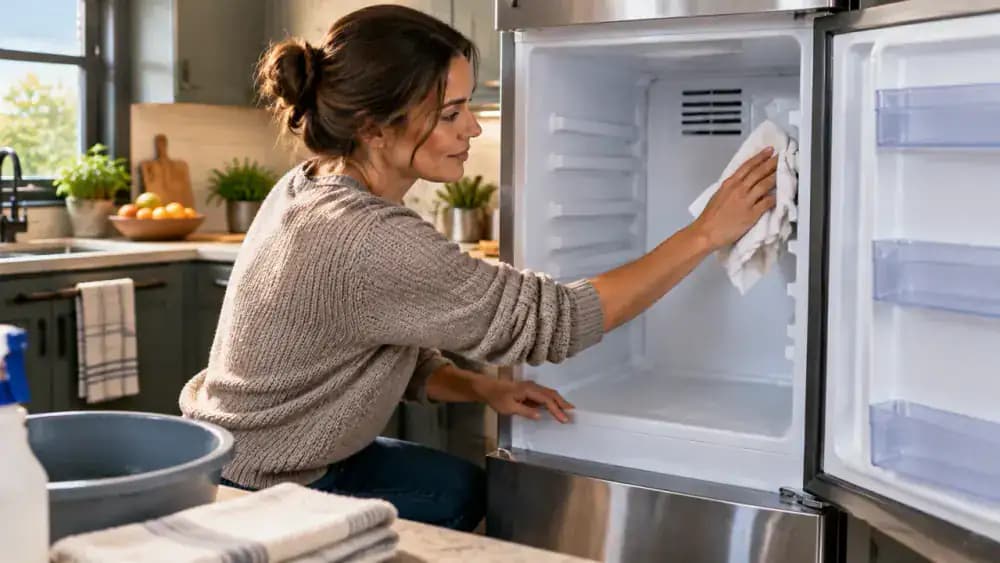 Homeowner leaving an empty freezer door open while checking dry interior walls and shelf surfaces with a clean towel