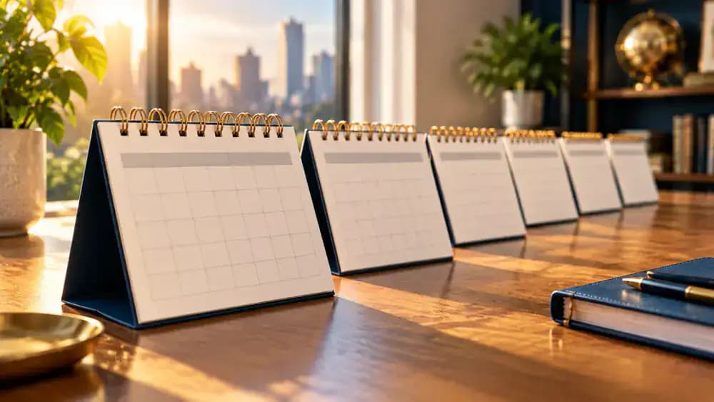 A long sequence of blank calendar pages stretching into the distance.