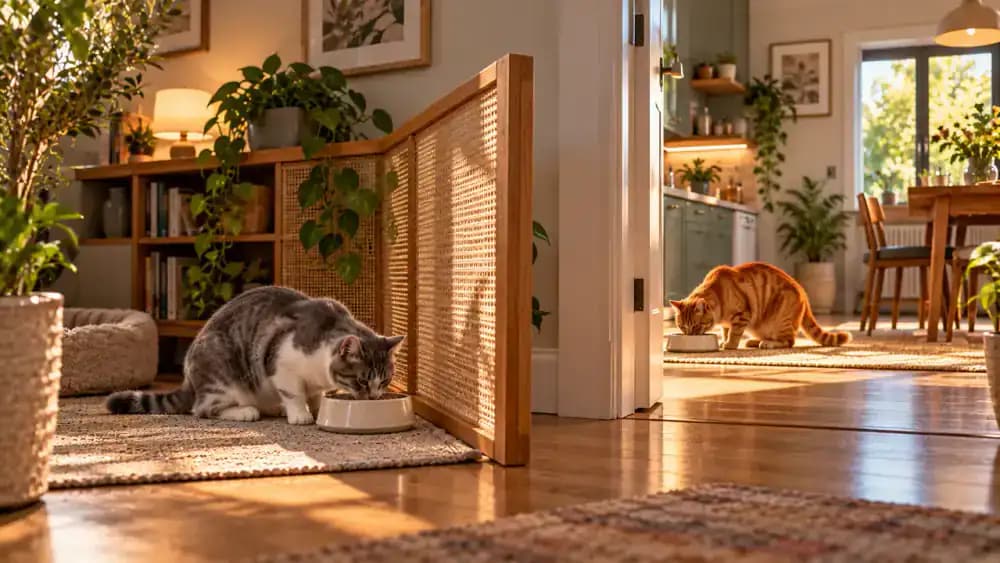 Gray-and-white cat eating peacefully in a sheltered sunlit alcove after its feeding mat is relocated, while an orange tabby eats separately in a room beyond an open doorway.