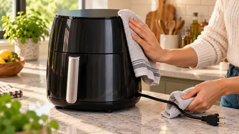 Close-up of an unplugged appliance being rotated by hand while a dry towel wipes the housing, control panel, seams, feet, and insulated power cord.