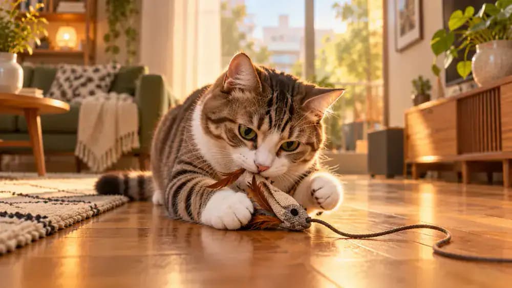 Cat holding a captured toy between its paws