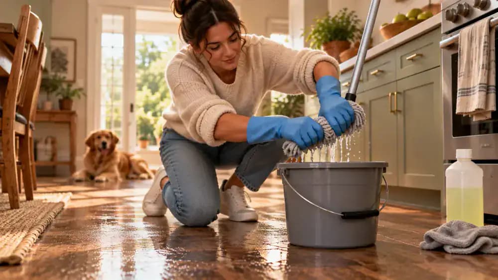 Close-up of a microfiber mop being wrung out over a bucket of diluted degreaser, then spreading a thin, even layer across vinyl plank kitchen flooring while avoiding a visible seam near the cabinet base.