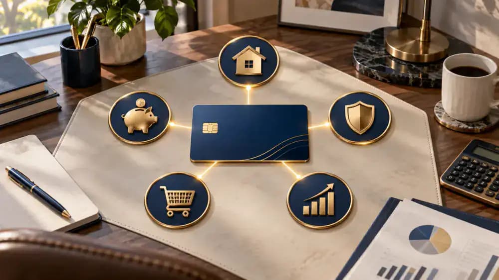 Five distinct financial symbols connected around a central credit card.
