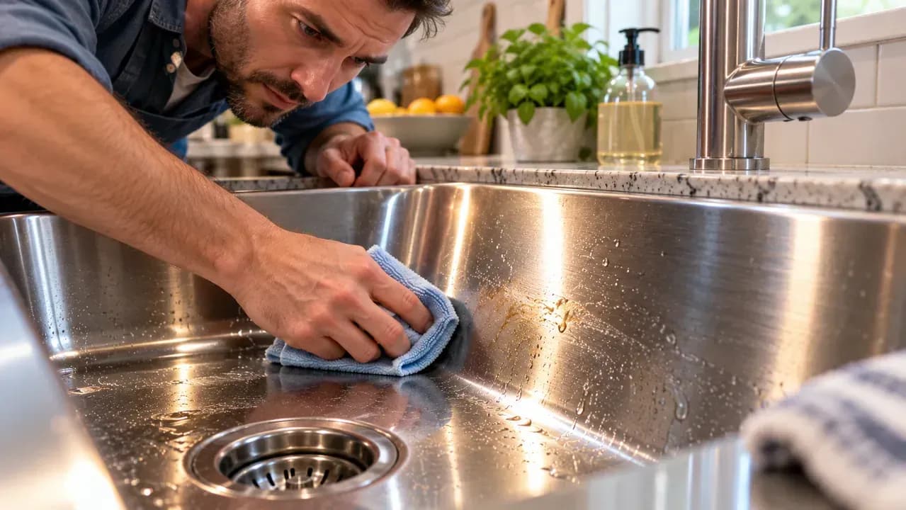 Adult homeowner inspecting a rinsed stainless steel sink under overhead kitchen lighting and lightly wiping a faint greasy patch with a damp microfiber cloth in the direction of the grain.