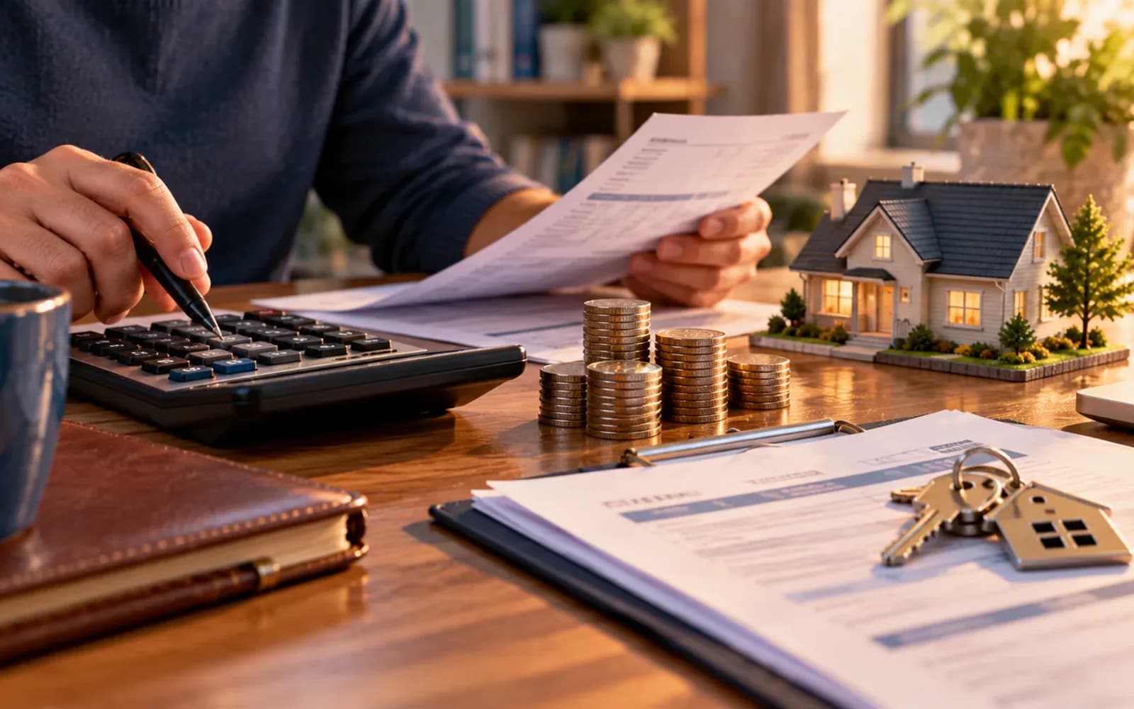 Monthly mortgage bill beside coins and calculator