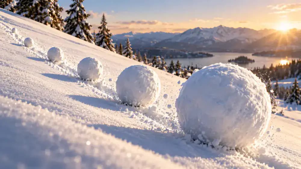 Small snowball growing as it rolls downhill