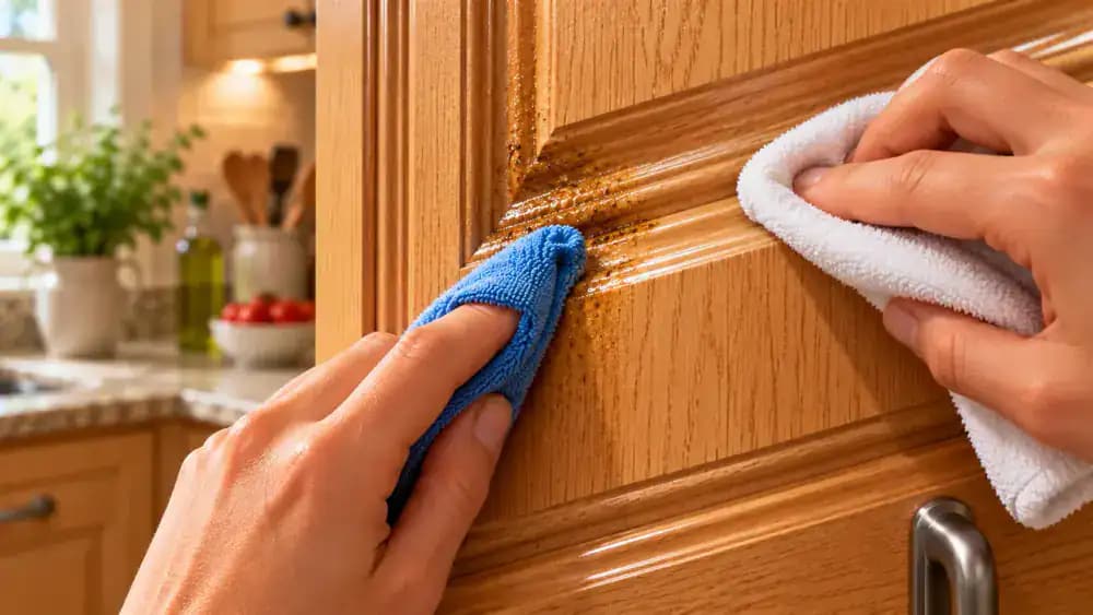 Close-up of a satin-finished oak kitchen cabinet door with raised-panel molding as one hand gently cleans a curved, grease-lined decorative groove using a blue microfiber cloth while another hand dries the wood with a cotton towel.