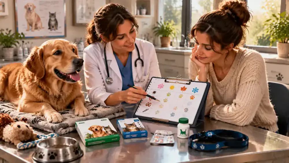 Pet owner and veterinarian reviewing a completed prevention calendar and treatment records before the owner updates reminders on a phone beside a relaxed pet at home.
