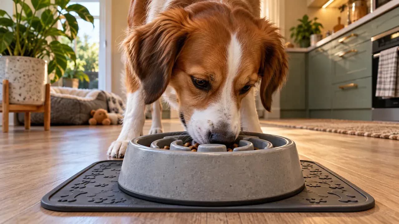 Heavy slow feeder bowl resting securely on a non-slip rubber mat