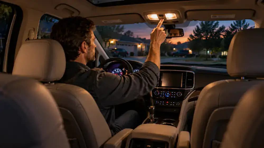 Driver checking the overhead dome light and illuminated instrument cluster inside a parked American minivan at dusk to observe possible electrical symptoms.