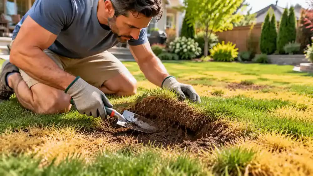 Gloved homeowner using a hand trowel to expose soil beneath yellow lawn grass and compare its moisture with nearby healthy turf.