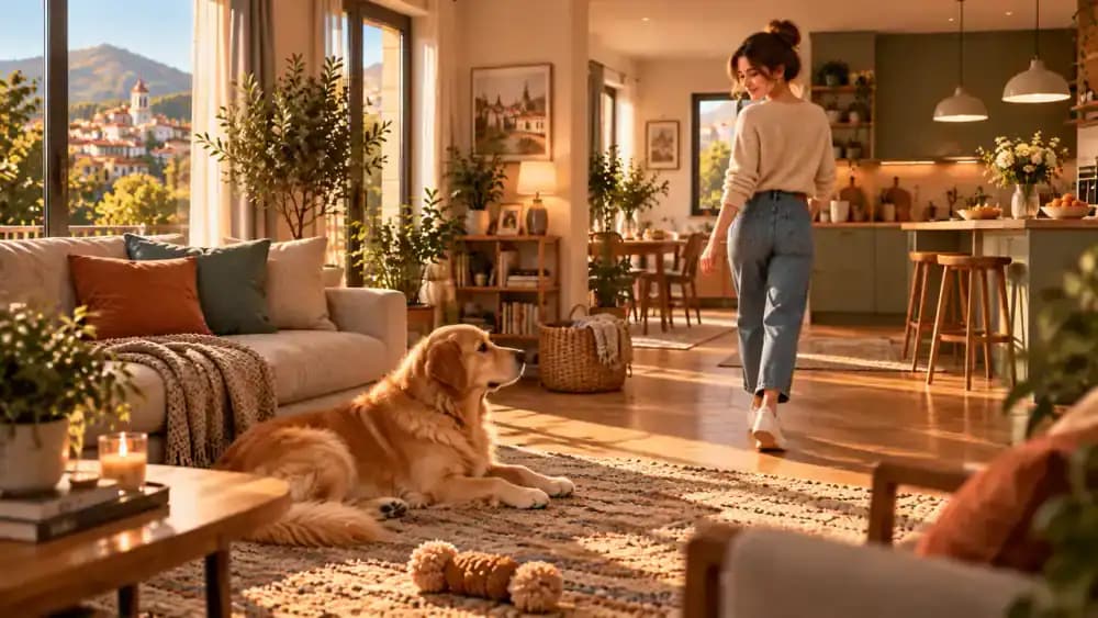 Wide view of an open-plan living room and kitchen where Emma takes three measured steps toward the kitchen island before turning back while Bailey rests calmly on the carpet.
