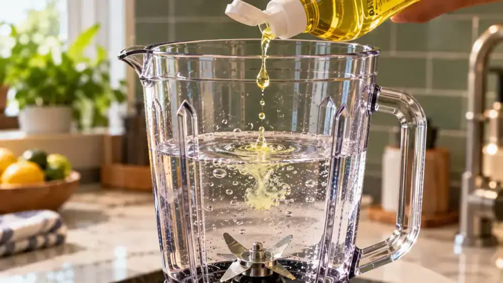 Extreme close-up of a single pale yellow dish soap droplet falling from a clear dispenser into warm water inside a transparent blender jar, with stationary blades visible below the water and a sage green kitchen backsplash.