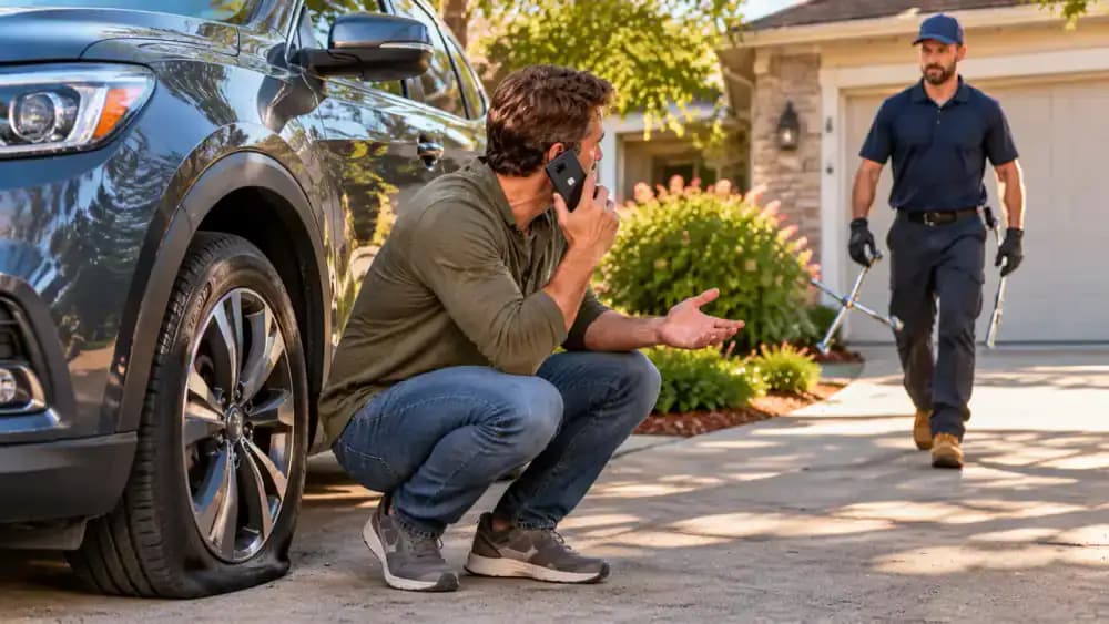 Driver standing beside a parked SUV with a visibly flat front tire while using a smartphone to contact roadside assistance as a tire technician approaches.