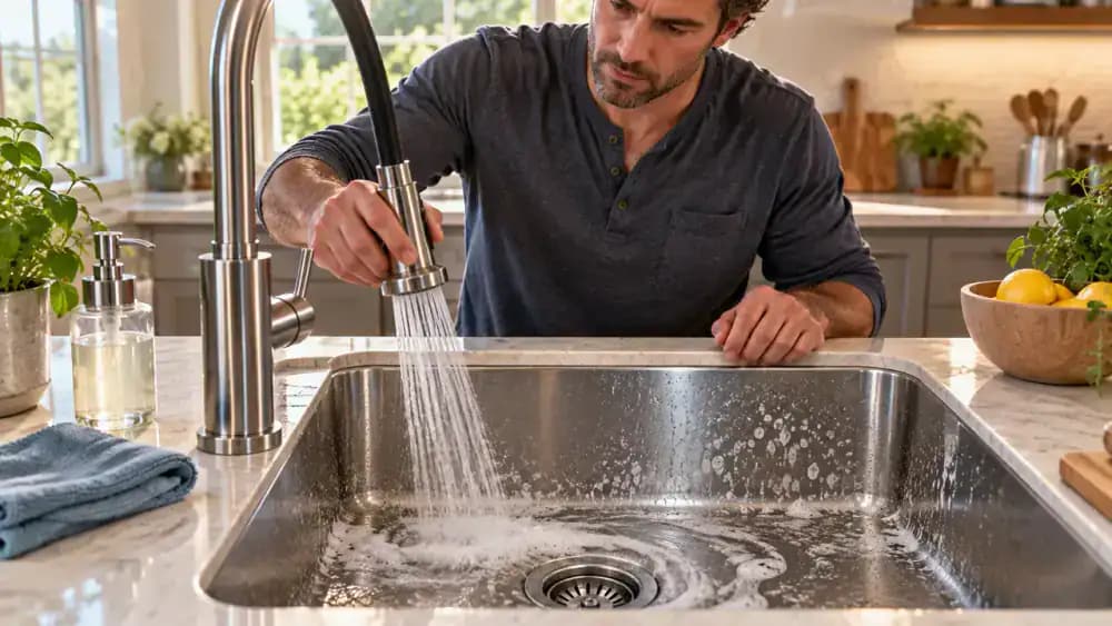 Homeowner rinsing a stainless steel kitchen sink with a pull-down faucet sprayer, then drying the basin with a white microfiber cloth while cloudy hard water deposits remain visible near the drain and basin wall.