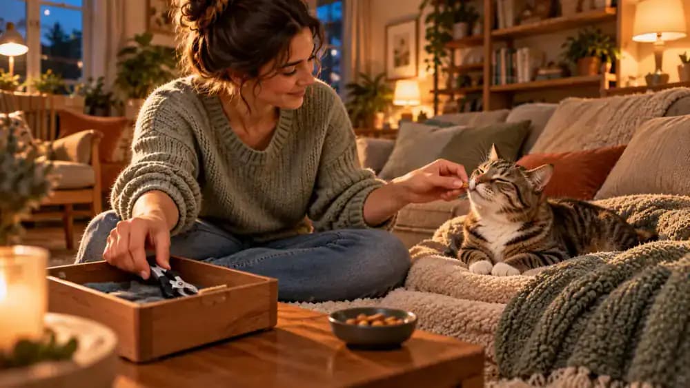 Relaxed tabby cat enjoying a treat in a cozy, sunlit living room while its owner puts nail clippers into a drawer before the cat settles comfortably nearby.