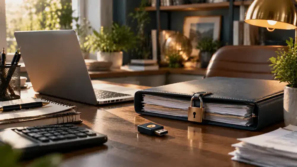 Laptop, closed folder of financial records and a physical security key on a desk.