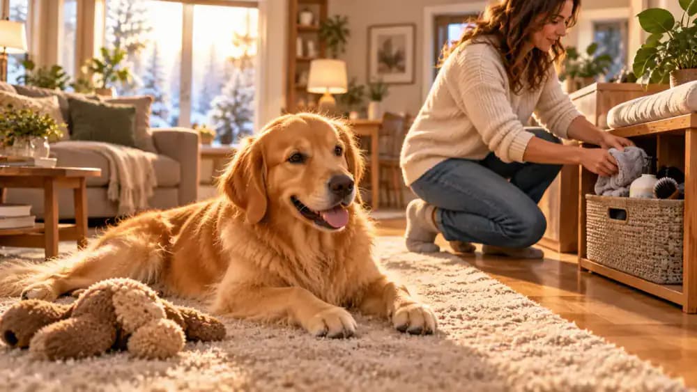 Freshly cleaned golden retriever settling comfortably onto a beige living room rug while the owner puts away a bowl and folded towels near the entrance.