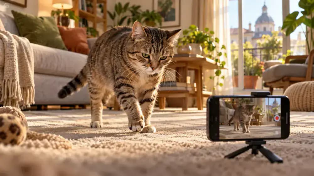 Pet owner safely recording a tabby cat walking unusually across a living room carpet