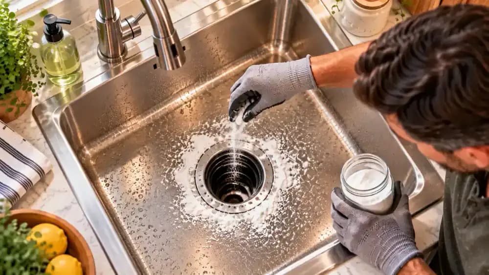 Homeowner checking a clean kitchen sink for returning odor while inspecting the cabinet below for leaks and watching the drain for slow water movement.