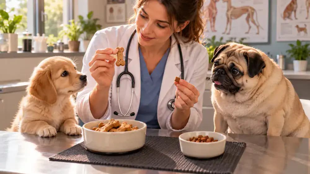 Veterinarian in a warm consultation room showing differently sized training treat portions to a dog owner, with a puppy on the examination table and a senior overweight Pug resting nearby.