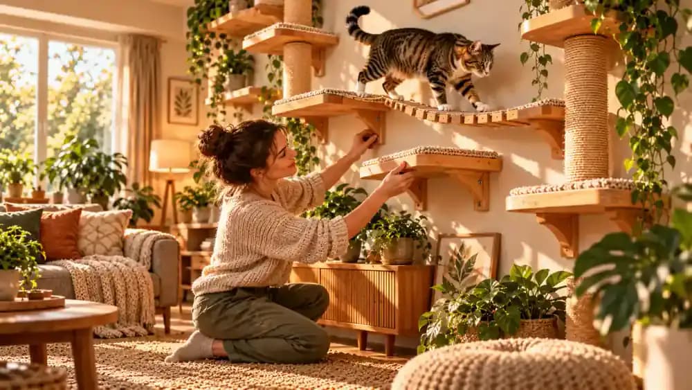 Cat owner checking shelf stability, examining brackets and nonslip matting, and watching a cat use its climbing route before adjusting an intermediate step.