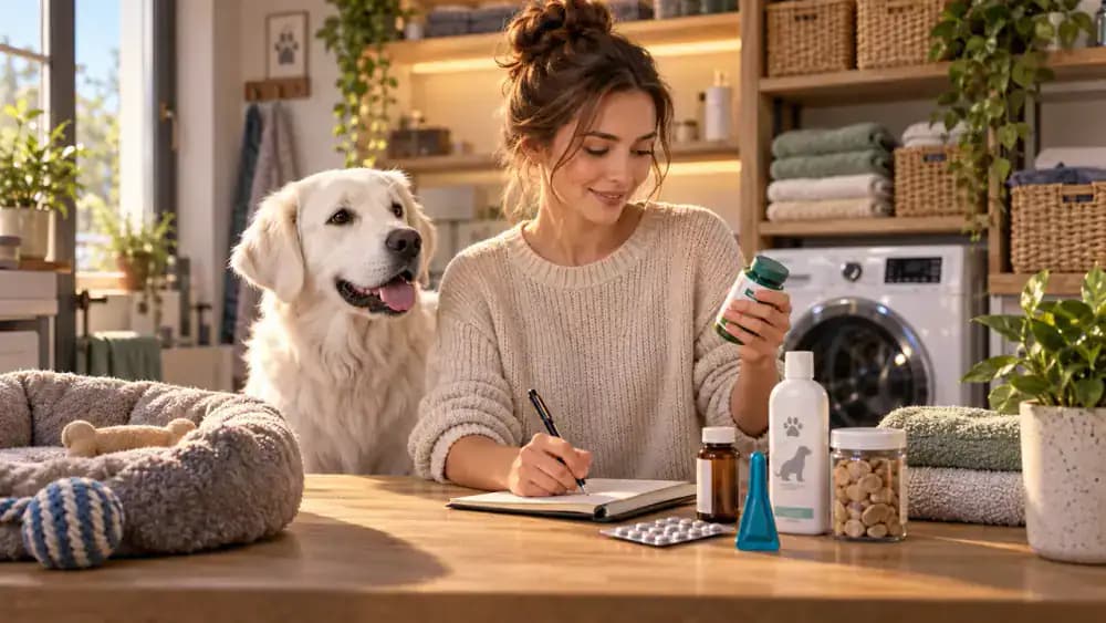 White dog beside flea prevention packages, supplements, medicated shampoo, and an organized care log