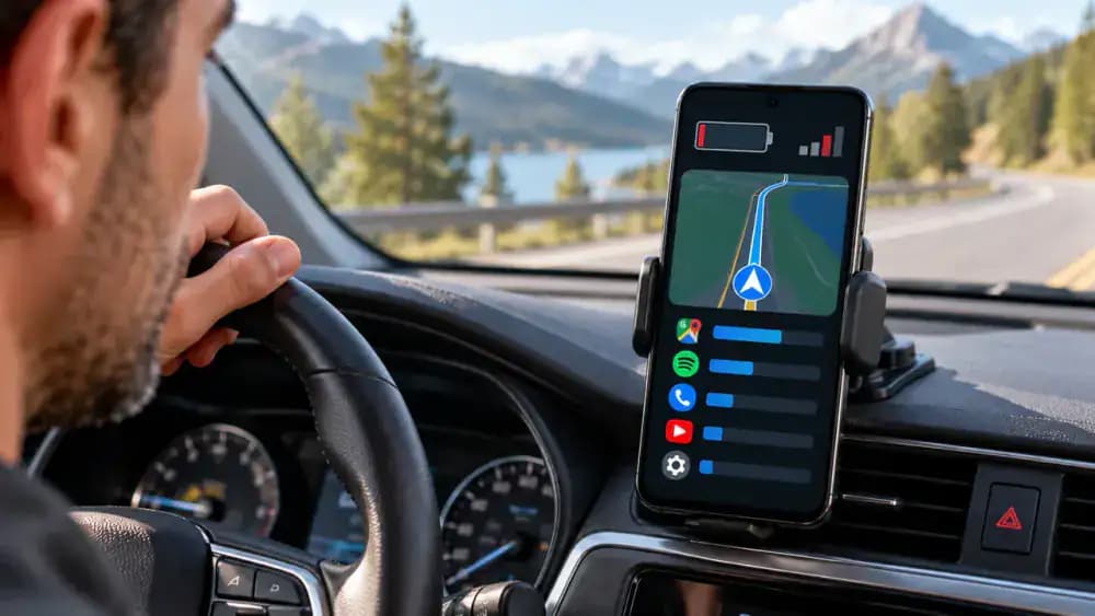 Android smartphone mounted in a stationary parked car showing an illustrative navigation route, followed by a Battery usage graph comparing expected navigation power consumption with unexplained background activity, plus weak signal and software update indicators.