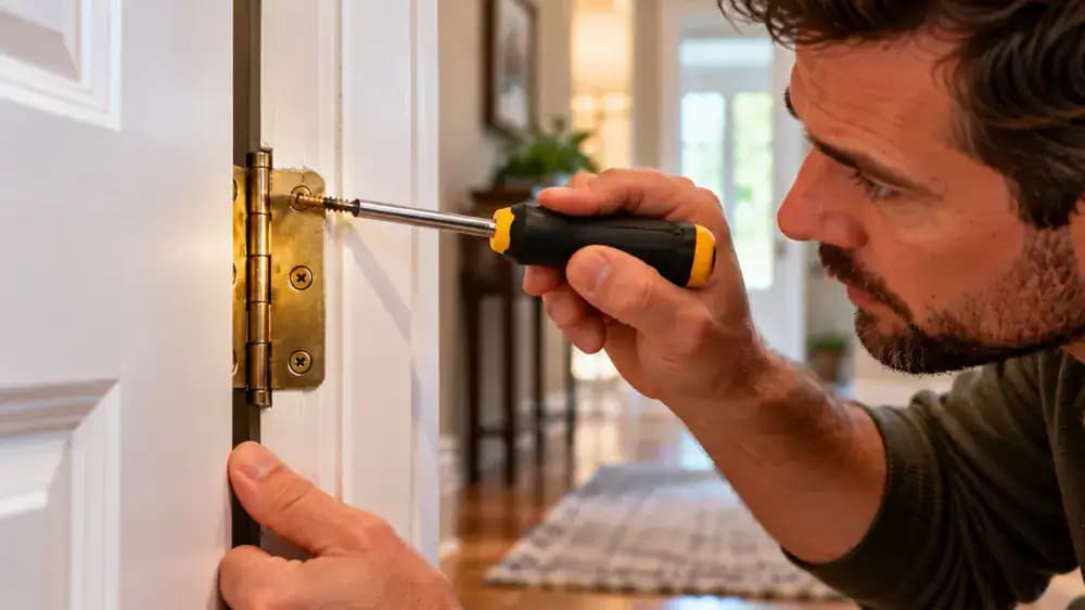 Homeowner gently checking a white interior door after tightening its hinges, holding a removed cardboard support while inspecting the top and latch-side gaps in a hardwood-floored American hallway.