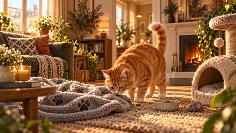 Milo voluntarily sniffs Luna's gray fleece blanket on the living room rug with a treat nearby