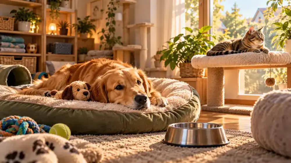 Dog resting on a familiar bed and tabby cat relaxing beside a sunny window after boarding, while their owner refreshes water and reviews a four-item completed boarding checklist.