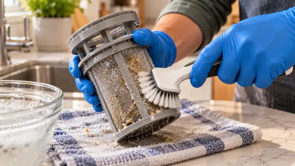 Gloved adult gently scrubbing greasy residue from a damp dishwasher filter with dish soap and a soft nylon brush beside a kitchen sink.
