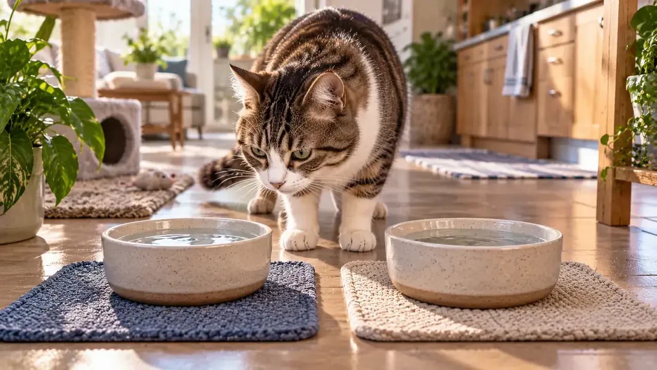 Cat investigating two identical bowls containing cool and room-temperature water