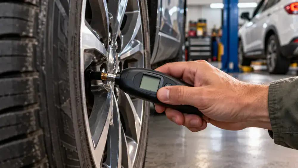 Hand pressing a digital tire pressure gauge straight onto an exposed valve stem, with an illustrative 30.5 PSI reading visible on the LCD screen.