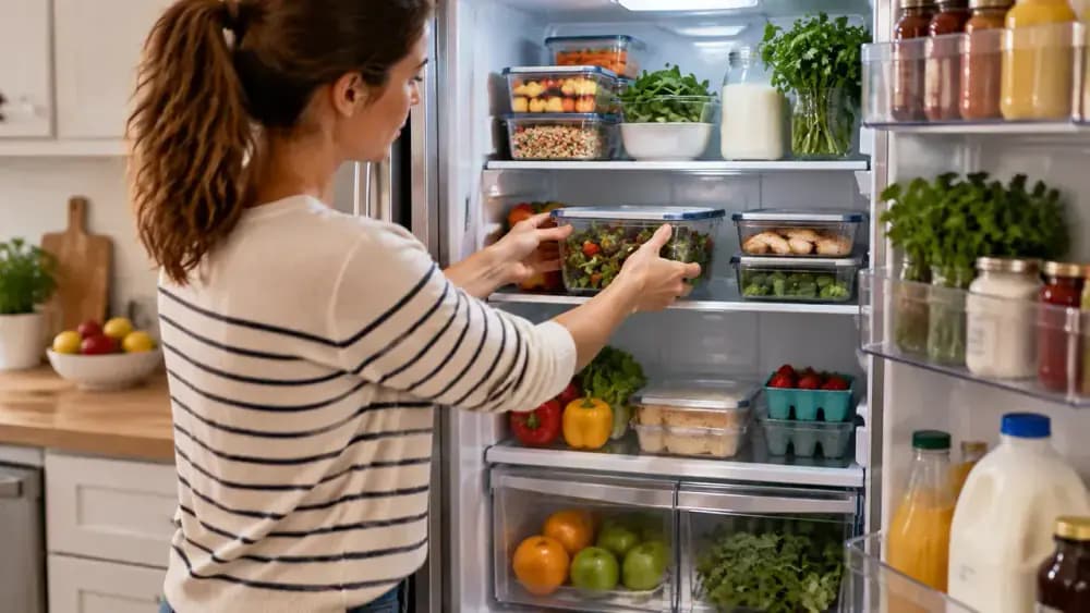 Person organizing food containers, jars, and packages on a clean refrigerator shelf while checking date labels before storage.