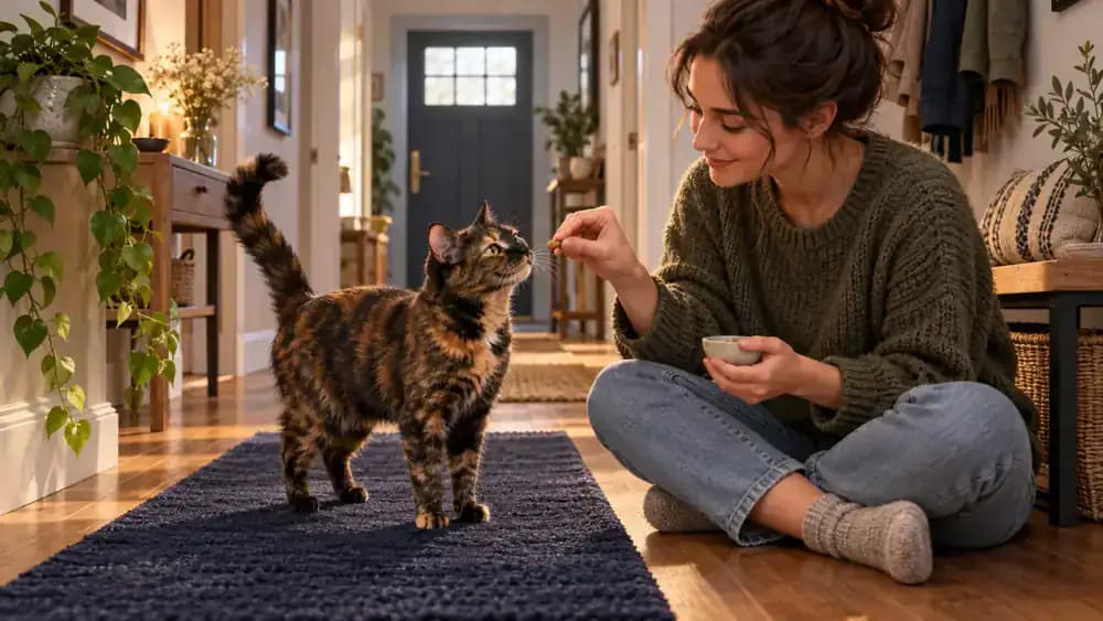 Tortoiseshell cat calmly standing with all four paws on a navy blue mat while a seated woman offers a tiny treat, with a closed door in the background.