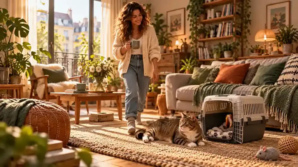 Owner following a normal morning routine while a cat rests beside an open carrier