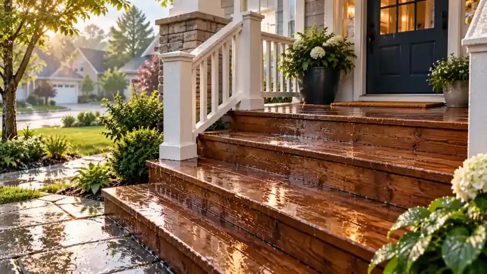 Wet wooden porch steps illustrating a potential personal liability exposure at a residential property.
