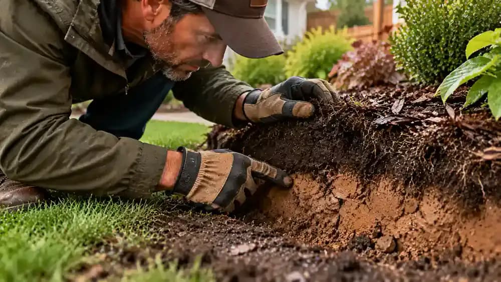 Close-up of naturally exposed soil layers at the edge of a garden bed, showing dark topsoil above a denser, lighter clay-rich layer while a homeowner kneels on a dry stepping stone and examines the soil with a hand lens.