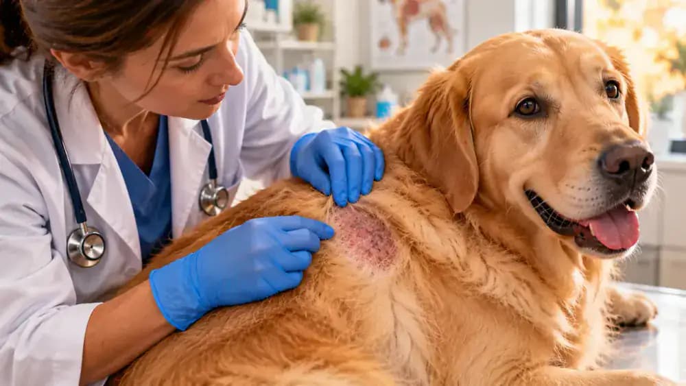 Veterinarian gently examining a dog's small bald patch and reddened skin as its owner observes, followed by a peaceful living room with a healthy Golden Retriever, fluffy cat, and grooming brush nearby.