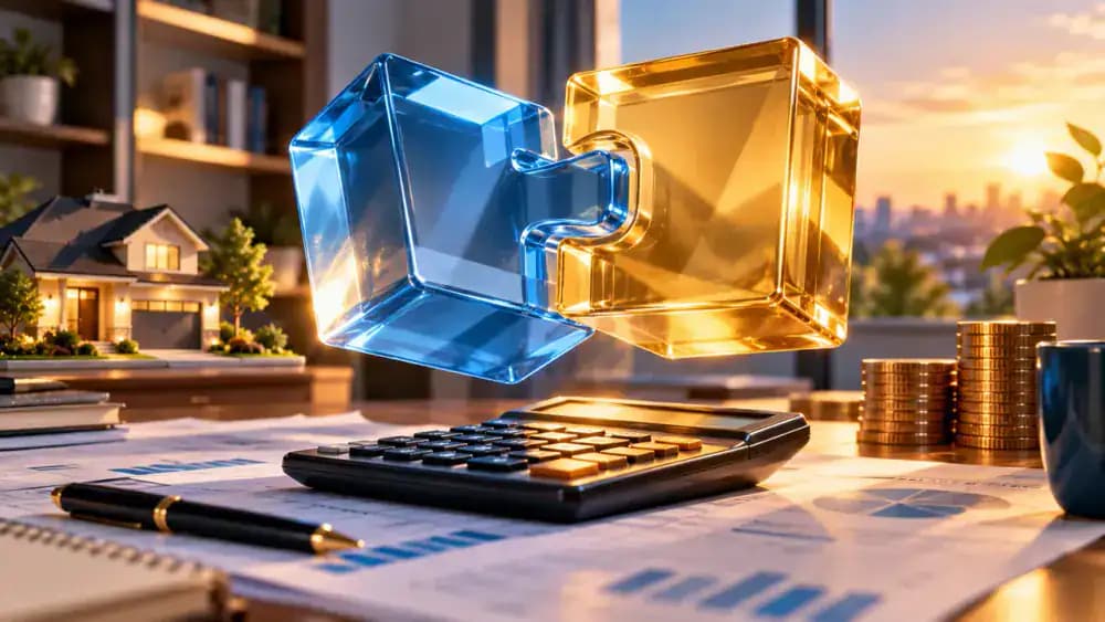 Two translucent financial blocks representing a benchmark index and lender margin positioned above a calculator.