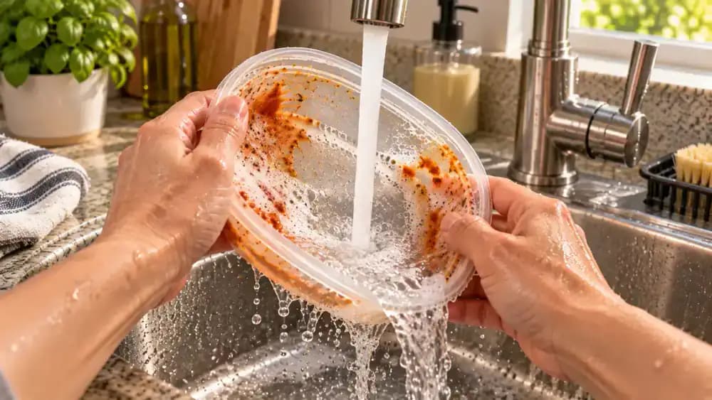Hands rotating a transparent plastic food container under warm running water in a stainless steel kitchen sink, with orange discoloration still visible as soap rinses away. A detached lid, silicone gasket, and yellow sponge are nearby.