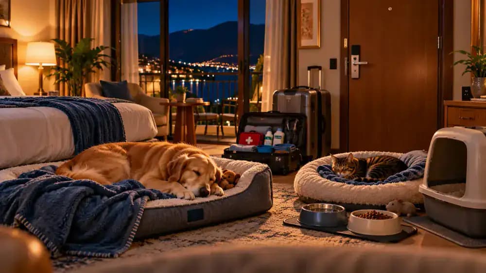 Warmly lit hotel room at night with an owner checking the locked entrance and organizing pet supplies near a suitcase, while a golden retriever sleeps on its bed and a tabby cat rests on a blanket.