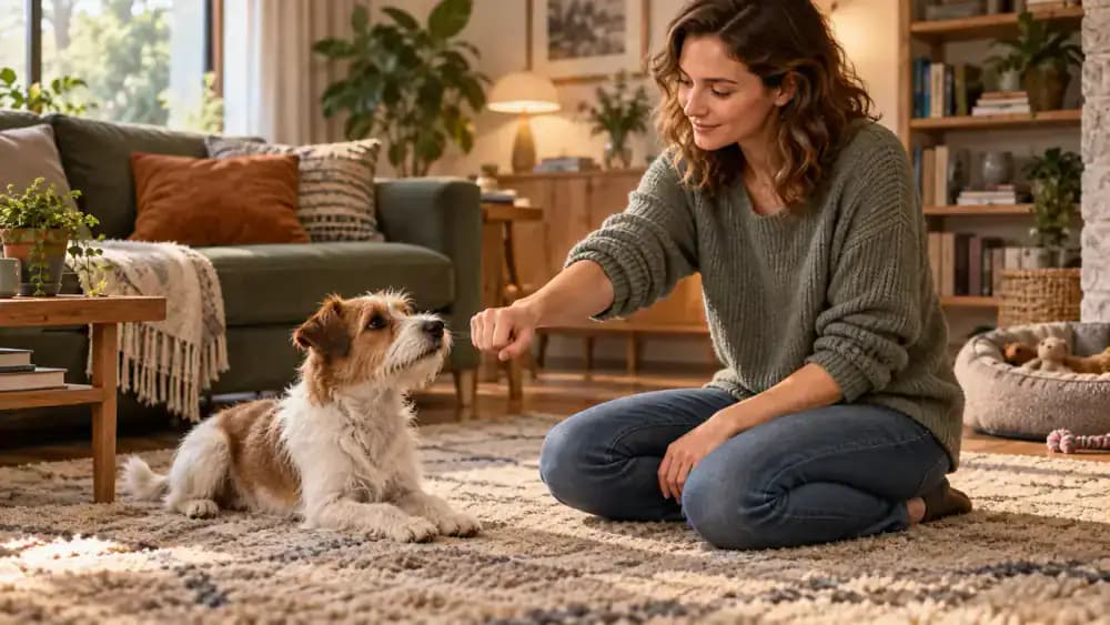 An eager terrier initially nudging an owner's closed fist during a training session, then relaxing as the owner patiently waits.