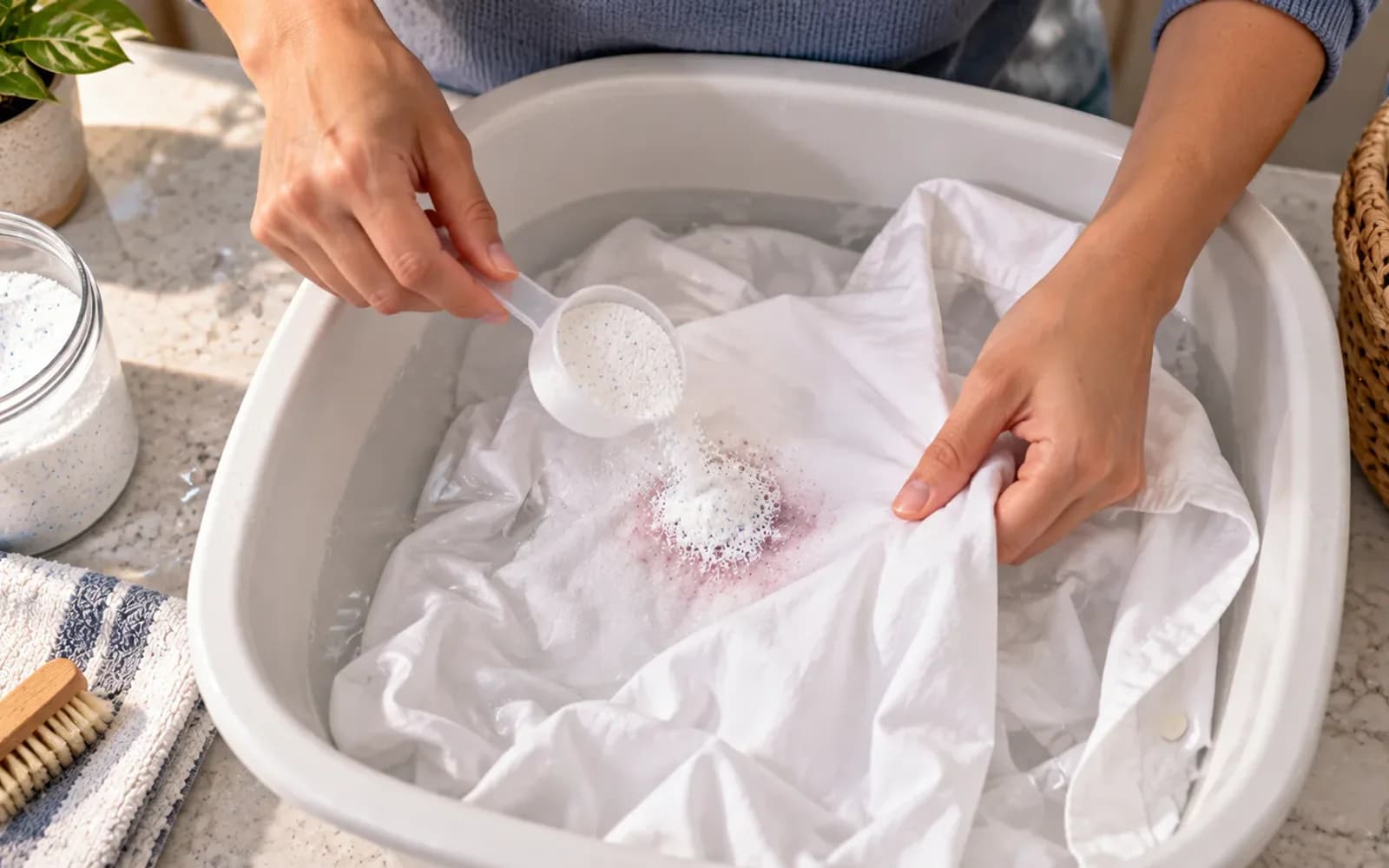 Overhead view of a damp white shirt in a shallow wash basin with a faint pink stain being treated with measured oxygen-based stain remover while product directions are checked nearby.