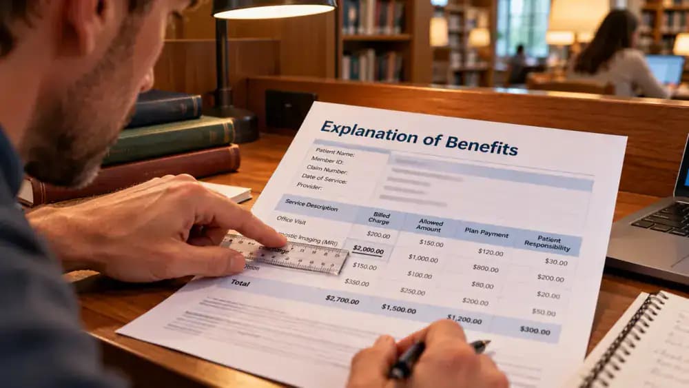 Person using a transparent ruler to follow the Billed Charge row on a fictional health insurance Explanation of Benefits showing a $2,000 sample charge, with a notepad ready for notes.