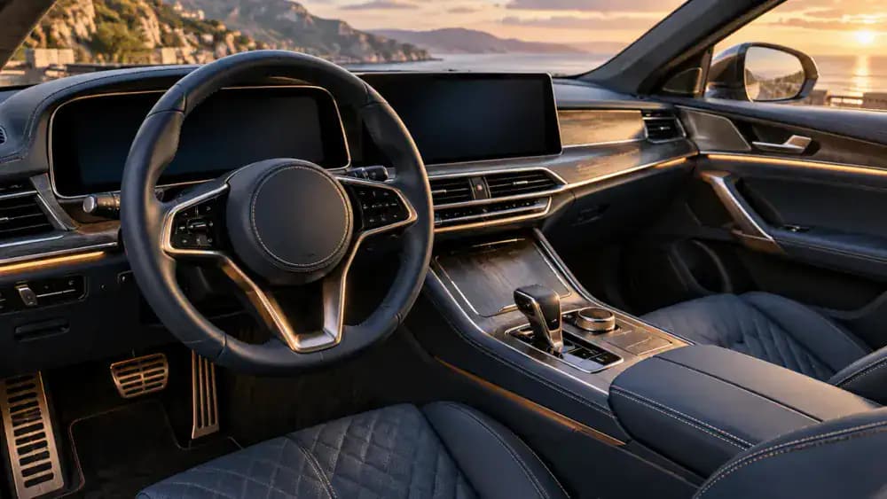 Close-up showing a vehicle dashboard, steering wheel, and high-quality interior upholstery.