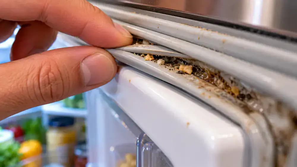 Extreme close-up of clean fingertips gently separating a gray refrigerator door gasket fold to reveal small crumbs trapped inside a narrow channel near the upper corner.