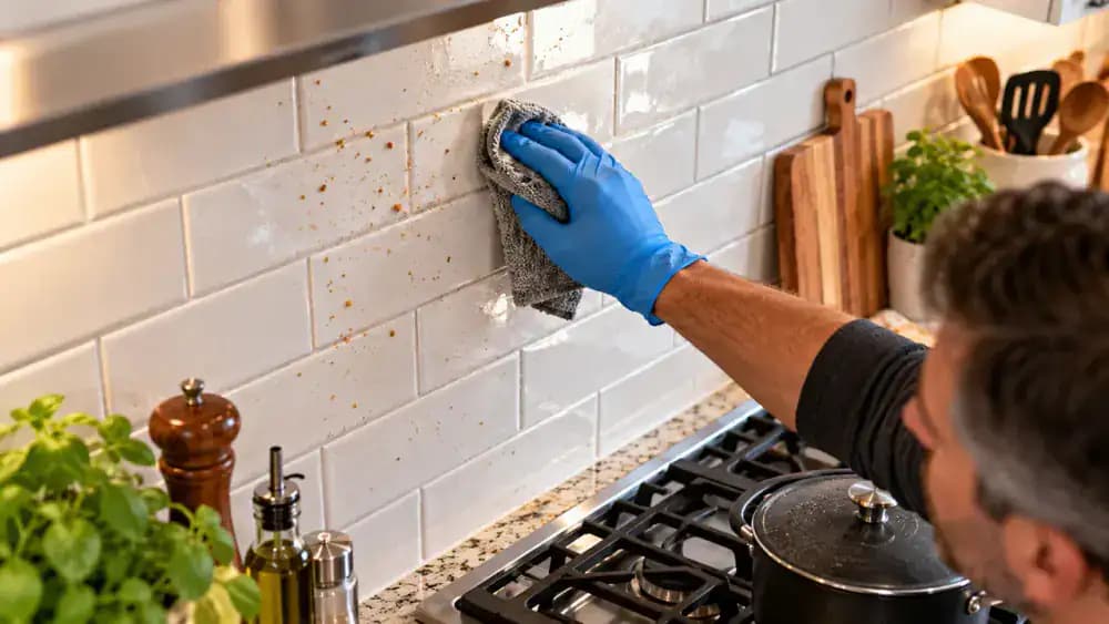 Close-up of a blue-gloved hand using a folded, dry pale blue microfiber cloth to remove dust and loose cooking crumbs from cream ceramic subway tiles and grout intersections beside a stainless steel range hood.