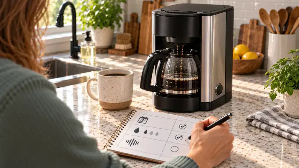 Hand updating a coffee maker maintenance log with the latest descaling date while noting slower brewing and unusual machine noise during a normal cup.